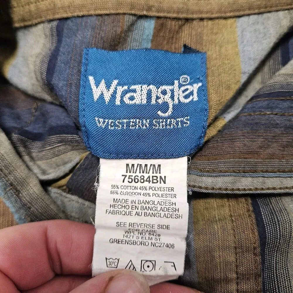 Wrangler Western Pearl Snap Button Up Striped Blue Grey Men's Medium Retro